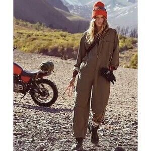 Free People FP Movement Mesmerize Me Olive Utility Coveralls Jumpsuit Small NEW